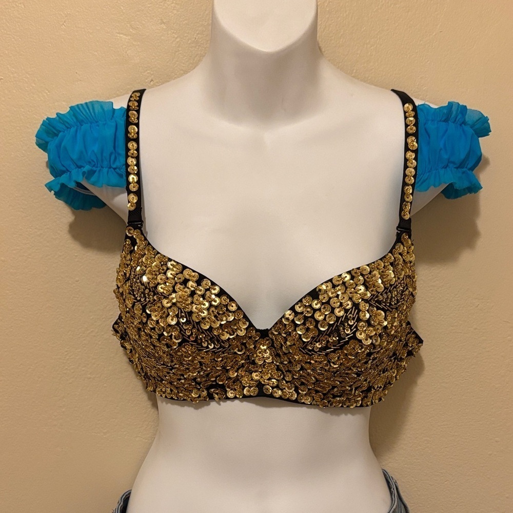 Fashion Nova Gold Sequin Bra with Blue Ruffle Straps